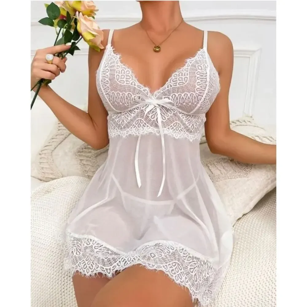 Women Sexy Lingerie Lace Strap Chemise Babydoll Mini Dress Nightdress Underwear